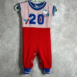Vintage Health-Tex Romper Baby Size 6‎ Months Red Striped Short Sleeves USA